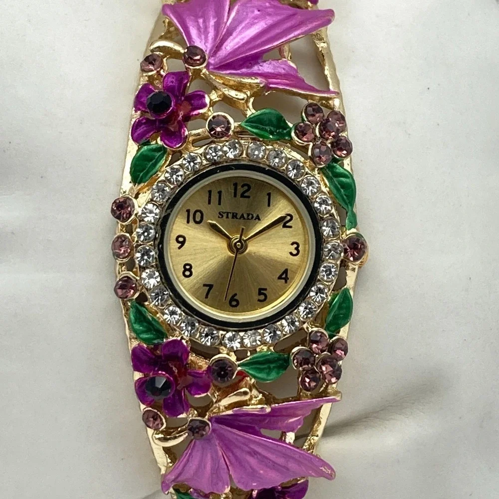 Strada Womens Watch Gold Tone Purple Floral Crystals Cuff 26mm New Battery 6.75